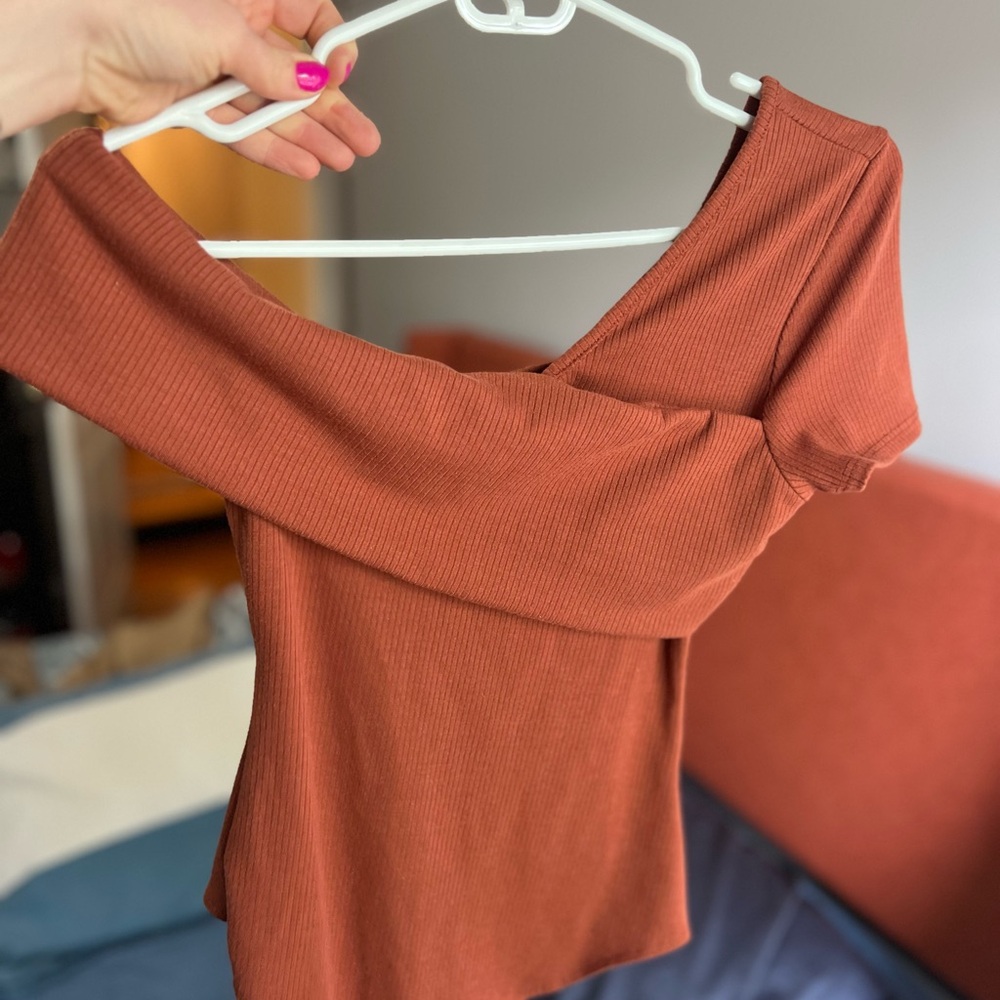 Lulu's Asymmetrical One-Shoulder Ribbed Crop Top in Rust - Picture 2 of 8